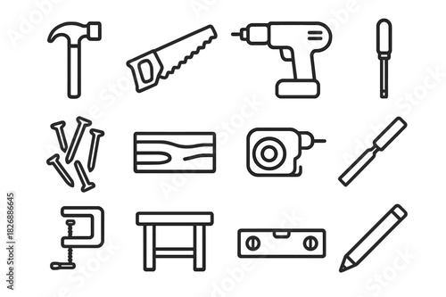 Carpentry Tools Icons. Carpentry Tools. Line icon set of Carpentry Tools: hammer, saw, drill, screwdriver, nails, wood plank, measuring tape, chisel, clamp,