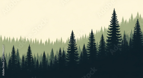 Layered pine forest silhouette illustration with varying shades of green and dark blue, depicting a serene natural landscape and wilderness vista.