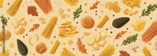 様々な種類のパスタと秋の葉、スパイスが散りばめられたシームレスなベクターパターン背景