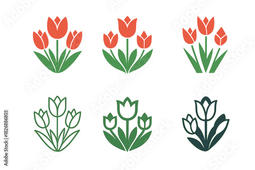 Tulip Logo Variations. Tulip. Icon set. Set Logo of tulip: tulip bouquet. harmonious logo variations of the same emblematic concept, each with different