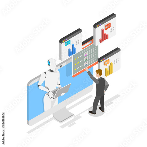 3D Isometric Flat Vector Illustration of AI In Human Resources , Robot HR Manager. Item 3