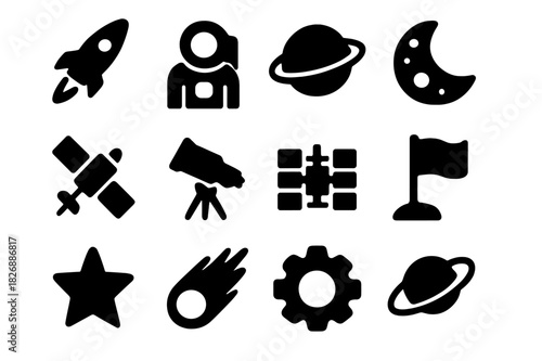 Space Exploration Icons. Space exploration. Solid icon set of space exploration: rocket, astronaut, planet, moon, satellite, telescope, space station, flag,