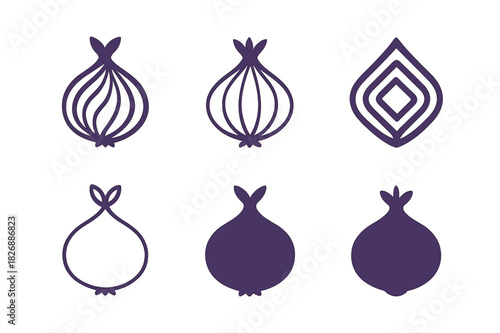Onion Logo Variations. Onion. Icon set. Set Logo of onion: onion layers and freshness symbol. harmonious logo variations of the same emblematic concept, each