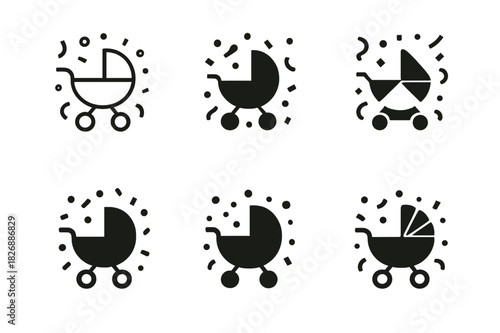 Baby Shower Icons. Baby shower party ideas and decorations. Icon set. Set Logo of baby shower party ideas and decorations: baby stroller surrounded