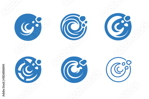 Clogged Drain Logos. Clogged drain concept. Icon set. Set Logo of clogged drain concept: Water swirl stopped by debris. harmonious logo variations of the same