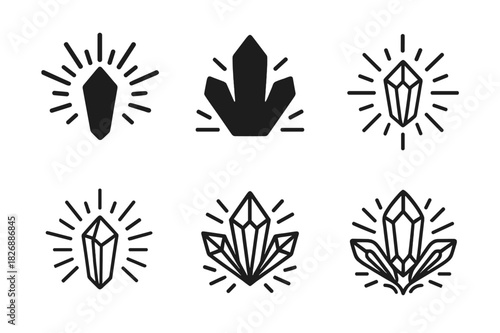 Energetic Crystal Logos. Explosion of energy from crystals. Icon set. Set Logo of crystal energy: energetic crystal aura. harmonious logo variations of the