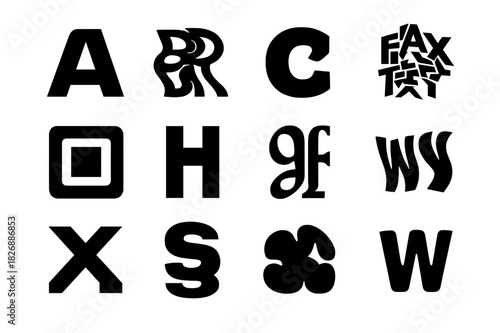 Abstract Typography Icons. Experimental Text Art. Solid icon set of abstract letters, distorted font, overlapping letters, 3D type, rotated characters, bold