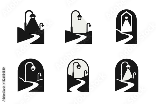 Streetlight Logo Variations. Streetlights at night. Icon set. Set Logo of streetlights: quiet street under lamplight. harmonious logo variations of the same