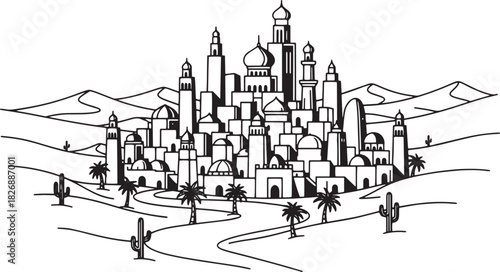 Arabian desert city oasis line art, traditional town, sand dunes.