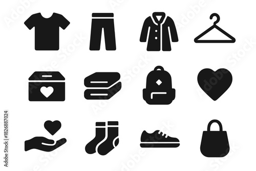 Clothing Donation Icons. Donating Clothes. Solid icon set of t-shirt, pants, coat, hanger, donation box, folded clothes, backpack, heart, hand giving, socks,