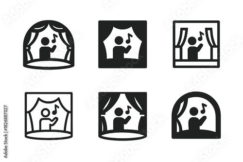 School Musical Logo Harmony. Singing for musical productions in schools. Icon set. Set Logo of singing for musical productions in schools: Music stage with