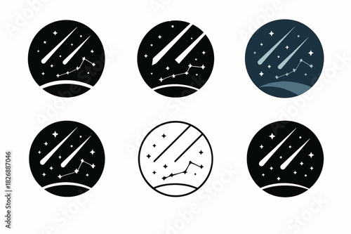 Meteor Shower Logos. Meteor shower. Icon set. Set Logo of meteor shower: Night sky with constellation and meteor. harmonious logo variations of the same