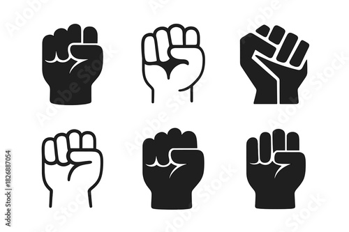 Clenched Fist Logos. Fist clenching. Icon set. Set Logo of fist clenching: close-up of knuckles and curled fingers. harmonious logo variations of the same