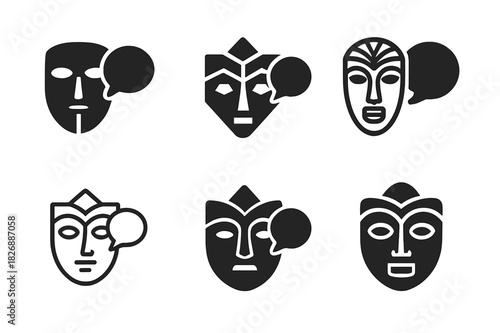Storytelling Nights Icons. Cultural storytelling nights. Icon set. Set Logo of storytelling nights: traditional mask and speech icons. harmonious