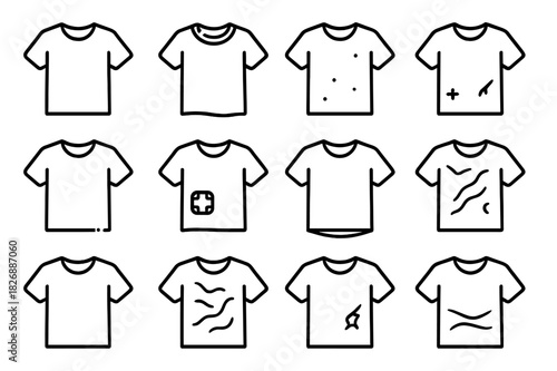 Used T-shirt Icons. Used T-shirt. Line icon set of Used T-shirt: t-shirt, frayed collar, faded fabric, small hole, loose threads, patched area, stretched hem,