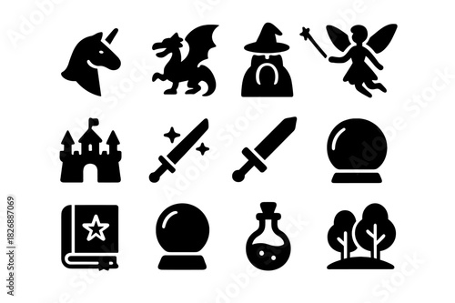 Mythical Icon Set. Mythical World. Solid icon set of unicorn, dragon, wizard, fairy, castle, magic wand, sword, shield, spell book, crystal ball, potion,