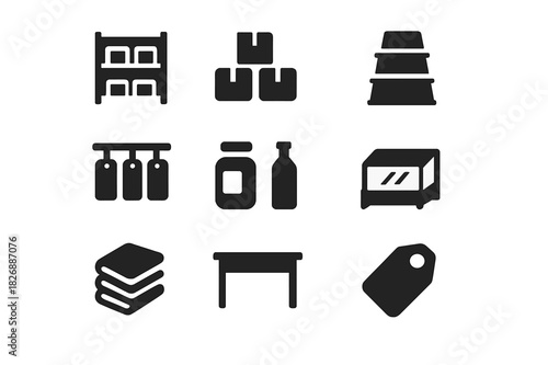 Product Display Icons. Product display. Solid icon set of Product display: shelves, stacked boxes, display stand, hanging items, jars, bottles, folded clothes,