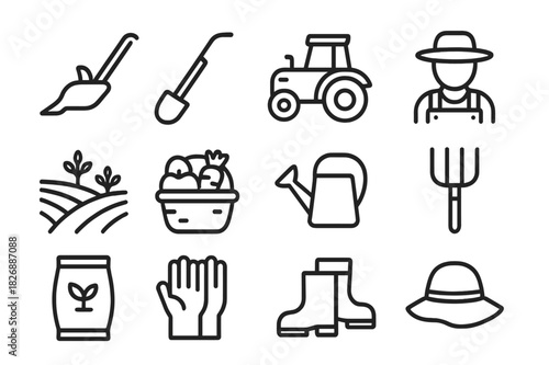 Rural Worker Icons. Rural Workers. Line icon set of Rural Workers: plow, hoe, tractor, farmer with hat, crop field, basket of produce, watering can, pitchfork,