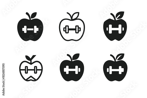 Sports Nutrition Icons. Sports nutrition. Icon set. Set Logo of Sports nutrition: Apple. harmonious logo variations of the same emblematic concept (Filled