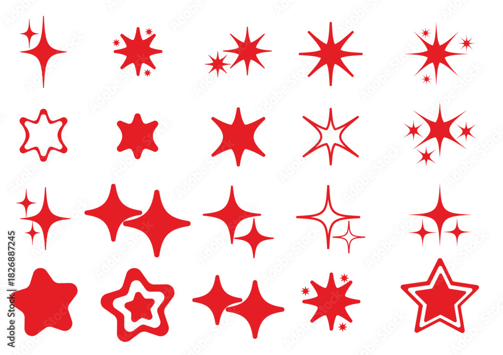 Obraz premium Retro futuristic sparkle icons collection. Set of star shapes. Abstract cool effect sign vector design. Templates for design, posters, projects, banners, logo, and business cards.