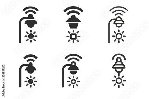 Smart Lighting Icons. Smart street lighting. Icon set. Set Logo of smart street lighting: adaptive brightness sensor. harmonious logo variations of the same