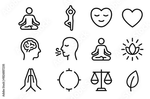 Mind and Body Icons. Mind and body. Line icon set of mind and body: meditating person, yoga pose, calm face, heart, brain, breathing icon, lotus pose, light