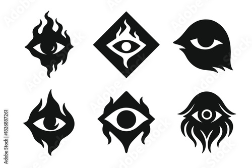 Whispering Eye Logos. Whispers of torment in the air. Icon set. Set Logo of whispers of torment in the air: haunted eye in shadows. harmonious logo variations