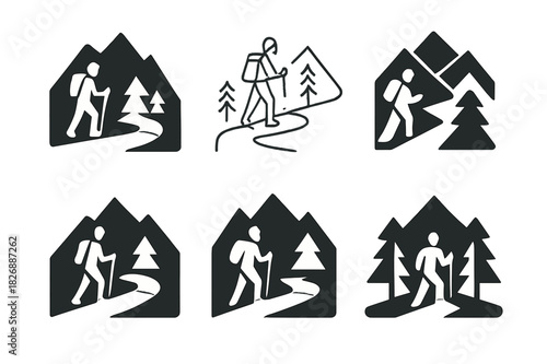 Hiking Emblem Logos. People hiking in the mountains on a warm day. Icon set. Set Logo of hiking: winding trail and trees. harmonious logo variations of the