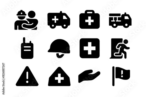 Disaster Response Icons. Disaster response. Solid icon set of Disaster response: rescue team, ambulance, emergency kit, fire truck, communication radio, safety
