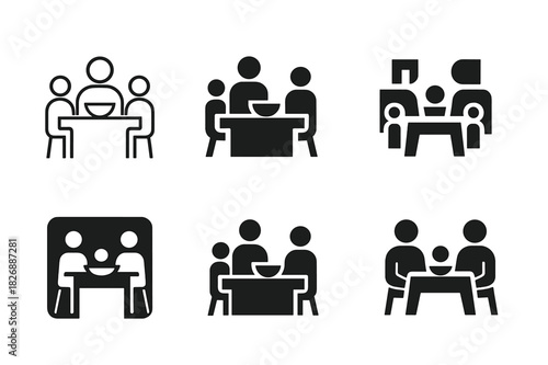 Family Dinner Logos. Family dinner. Icon set. Set Logo of dining table with family. harmonious logo variations of the same emblematic concept (Minimal outline,