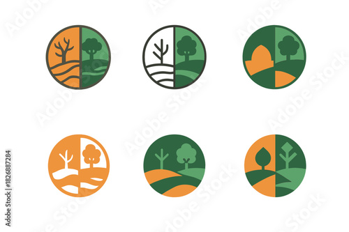 Climate Emblem Surreal Art. Climate change visualizations in surreal art. Icon set. Set Logo of climate change visualizations in surreal art: half desert half