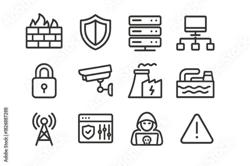 Cybersecurity Icon Set. Securing Critical National Infrastructure from Cyber Threats. Line icon set of Securing Critical National Infrastructure from Cyber