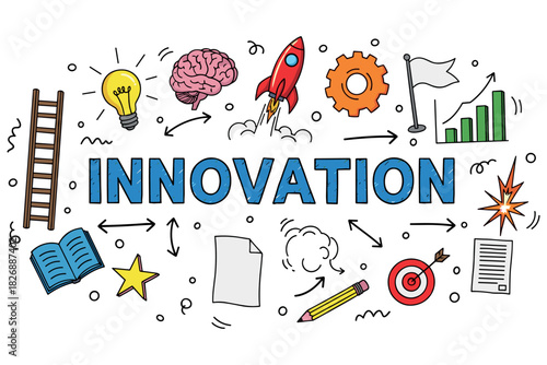 Colorful innovation concept with rocket, brain, lightbulb, gear, and draft elements