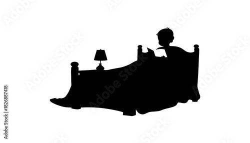 Silhouette of child reading book in bed at night illustration