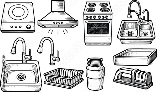 Vintage hand-drawn kitchen appliances, sinks, faucets, and dishware engraving illustration set