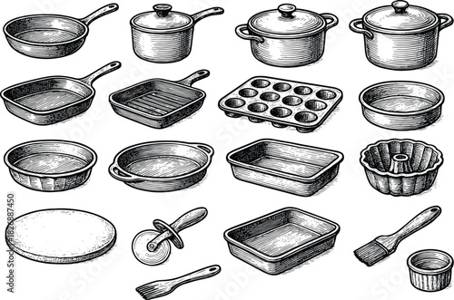 Hand-drawn vintage baking pans and cookware illustration set