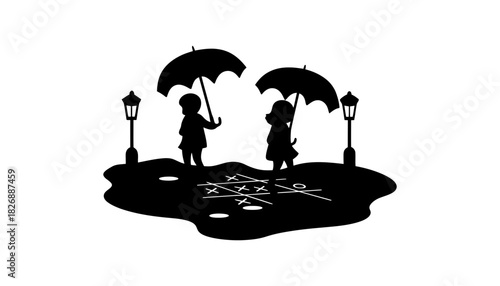 Children playing tic tac toe in the rain vector illustration