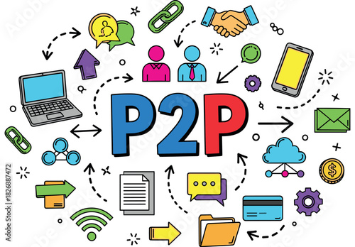 P2p network concept with communication and technology icons