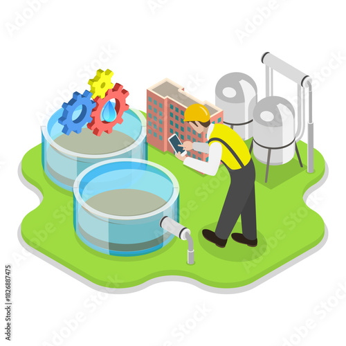 3D Isometric Flat Vector Illustration of Water Treatment , Discharge of Liquid Chemical Waste. Item 1