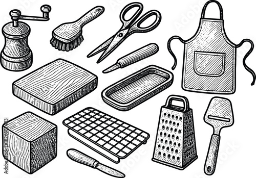 Hand-drawn vintage kitchen tools and accessories illustration set