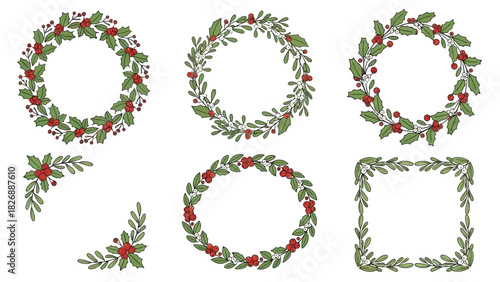 Set of six festive Christmas wreath and corner adornment illustrations with red berries and green leaves, perfect for holiday designs