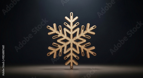 Exquisite laser-cut wooden snowflake ornament standing upright, displaying intricate patterns, symbolizing winter, holiday cheer, and festive seasons