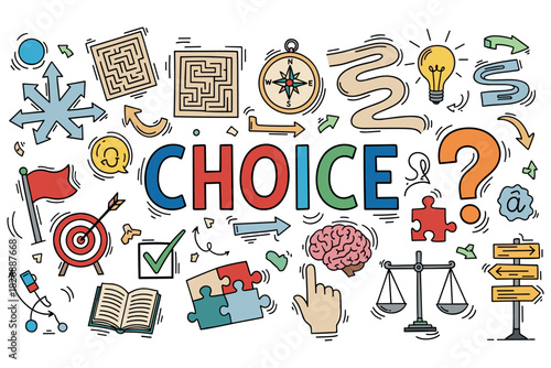 Colorful conceptual illustration of decision making and problem solving elements