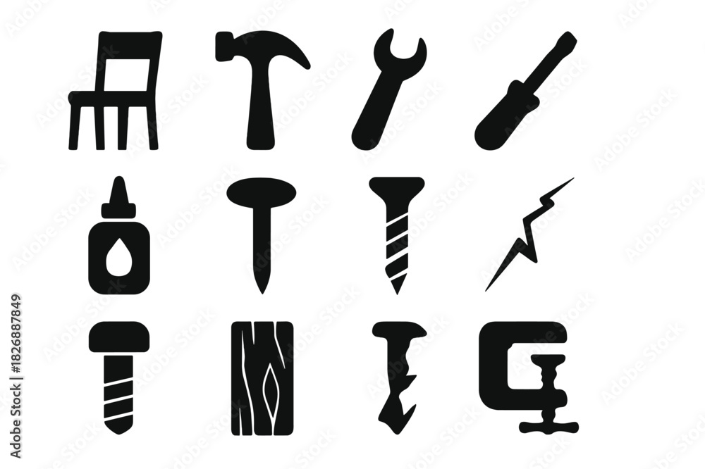 Obraz premium Furniture Repair Icons. Furniture Repair. Solid icon set of Furniture Repair: chair, hammer, wrench, screwdriver, glue, nail, screw, splinter, crack, bolt,