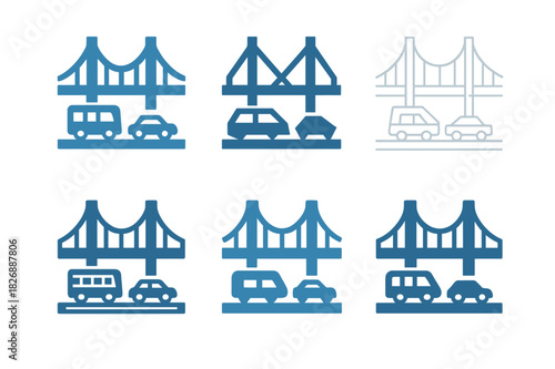 Traffic Icon Set. Traffic. Icon set. Set Logo of Traffic: city bridge and moving vehicles. harmonious logo variations of the same emblematic concept, each with