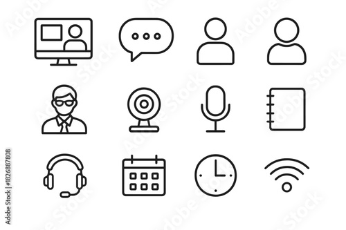 Online Class Icons. Online class. Line icon set of online class: computer screen, video call, chat bubble, student avatar, teacher icon, webcam, microphone,