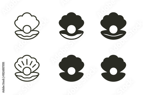 Pearl Diver Logos. Pearl divers. Icon set. Set Logo of oyster with pearl. harmonious logo variations of the same emblematic concept (Minimal outline, Negative