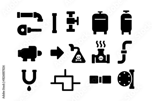 Factory Pipe Icon Set. Factory piping. Solid icon set of Factory piping: overhead pipe, vertical riser, control valve, industrial tank, pump, flow arrow,