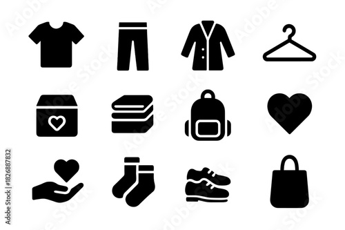 Clothing Donation Icons. Donating Clothes. Solid icon set of t-shirt, pants, coat, hanger, donation box, folded clothes, backpack, heart, hand giving, socks,