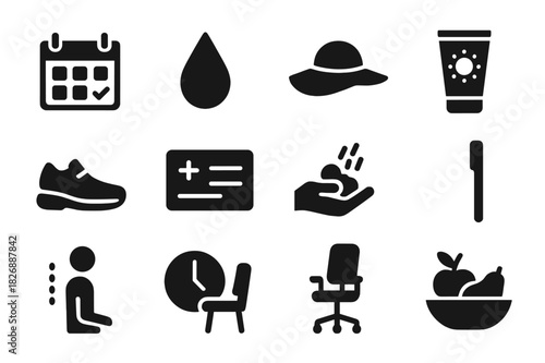 Preventive Self-Care Icons. Preventive Self-Care. Solid icon set of Preventive Self-Care: calendar check, hydration drop, sun hat, sunscreen tube, walking